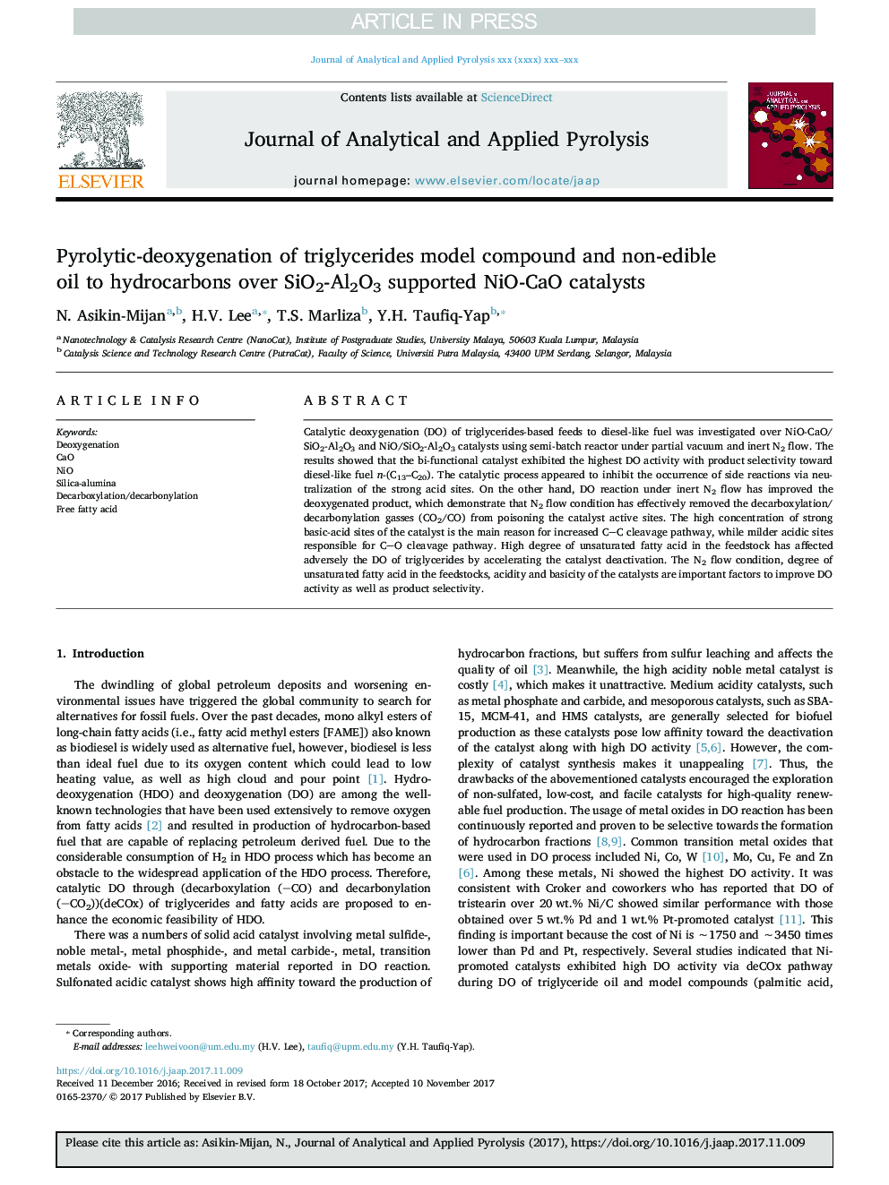 Pyrolytic-deoxygenation of triglycerides model compound and non-edible oil to hydrocarbons over SiO2-Al2O3 supported NiO-CaO catalysts