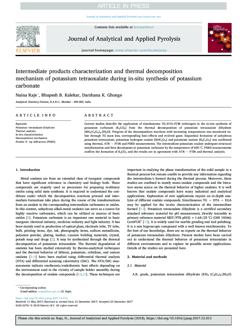 Intermediate products characterization and thermal decomposition mechanism of potassium tetraoxalate during in-situ synthesis of potassium carbonate