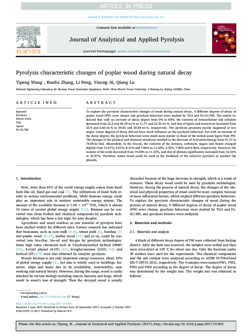 Pyrolysis characteristic changes of poplar wood during natural decay