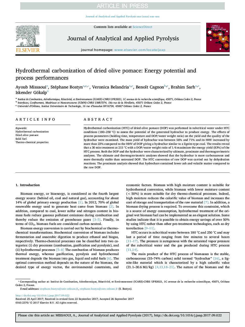 Hydrothermal carbonization of dried olive pomace: Energy potential and process performances