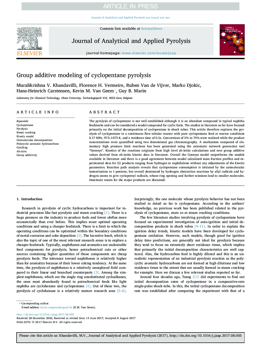 Group additive modeling of cyclopentane pyrolysis