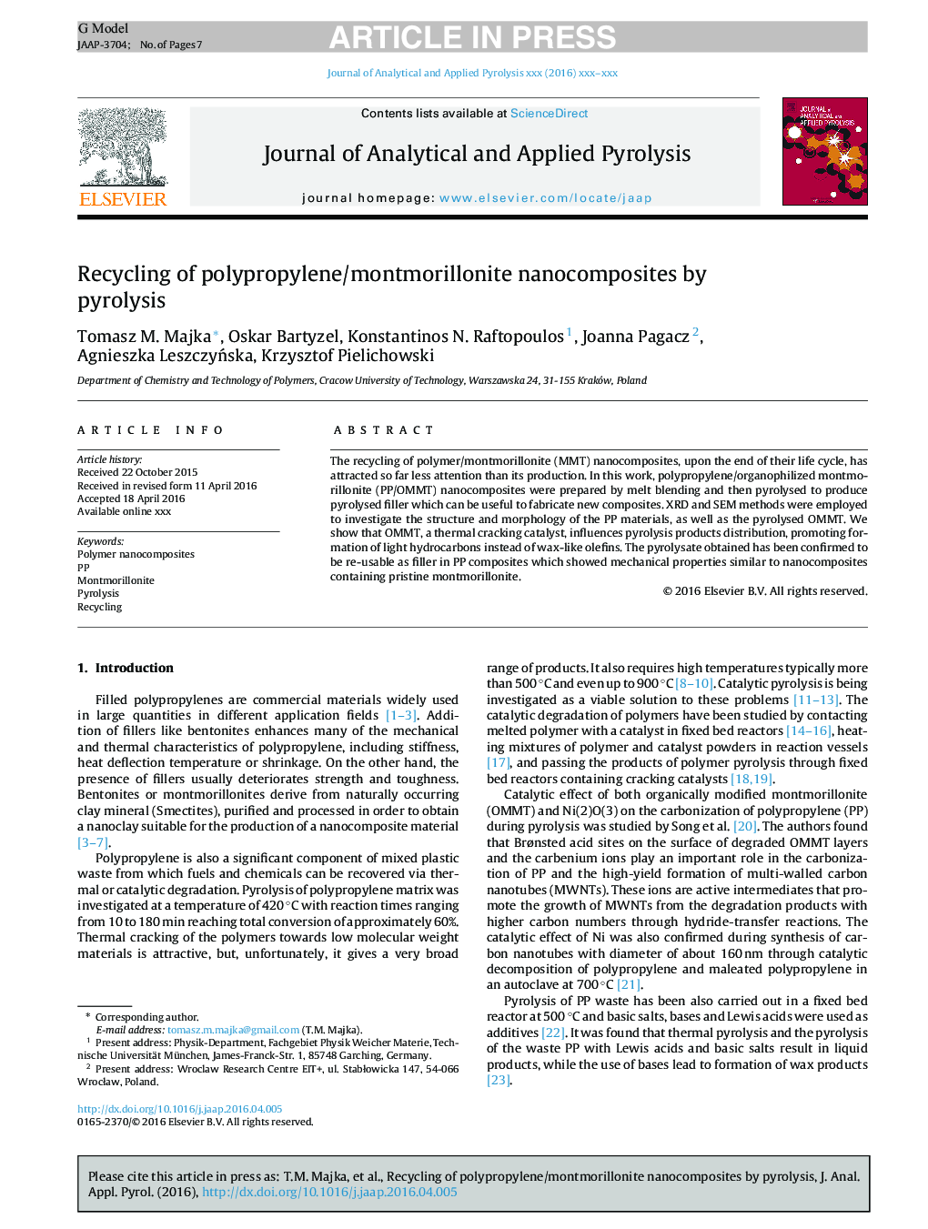 Recycling of polypropylene/montmorillonite nanocomposites by pyrolysis