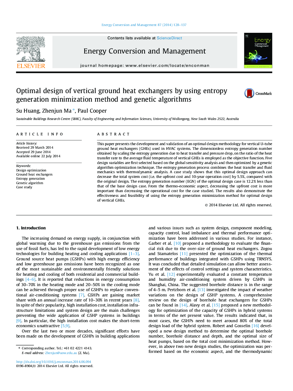 Optimal design of vertical ground heat exchangers by using entropy generation minimization method and genetic algorithms