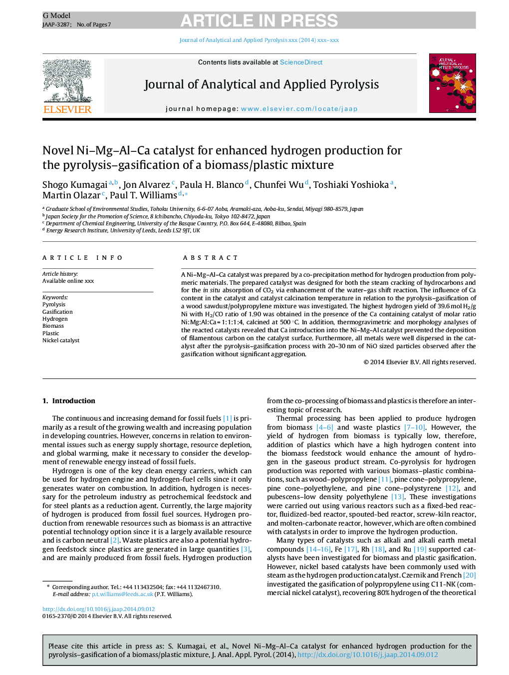 عکس صفحه اول مقاله: Novel Ni-Mg-Al-Ca catalyst for enhanced hydrogen production for the pyrolysis-gasification of a biomass/plastic mixture Novel Ni-Mg-Al-Ca catalyst for enhanced hydrogen production for the pyrolysis-gasification of a biomass/plastic mixture