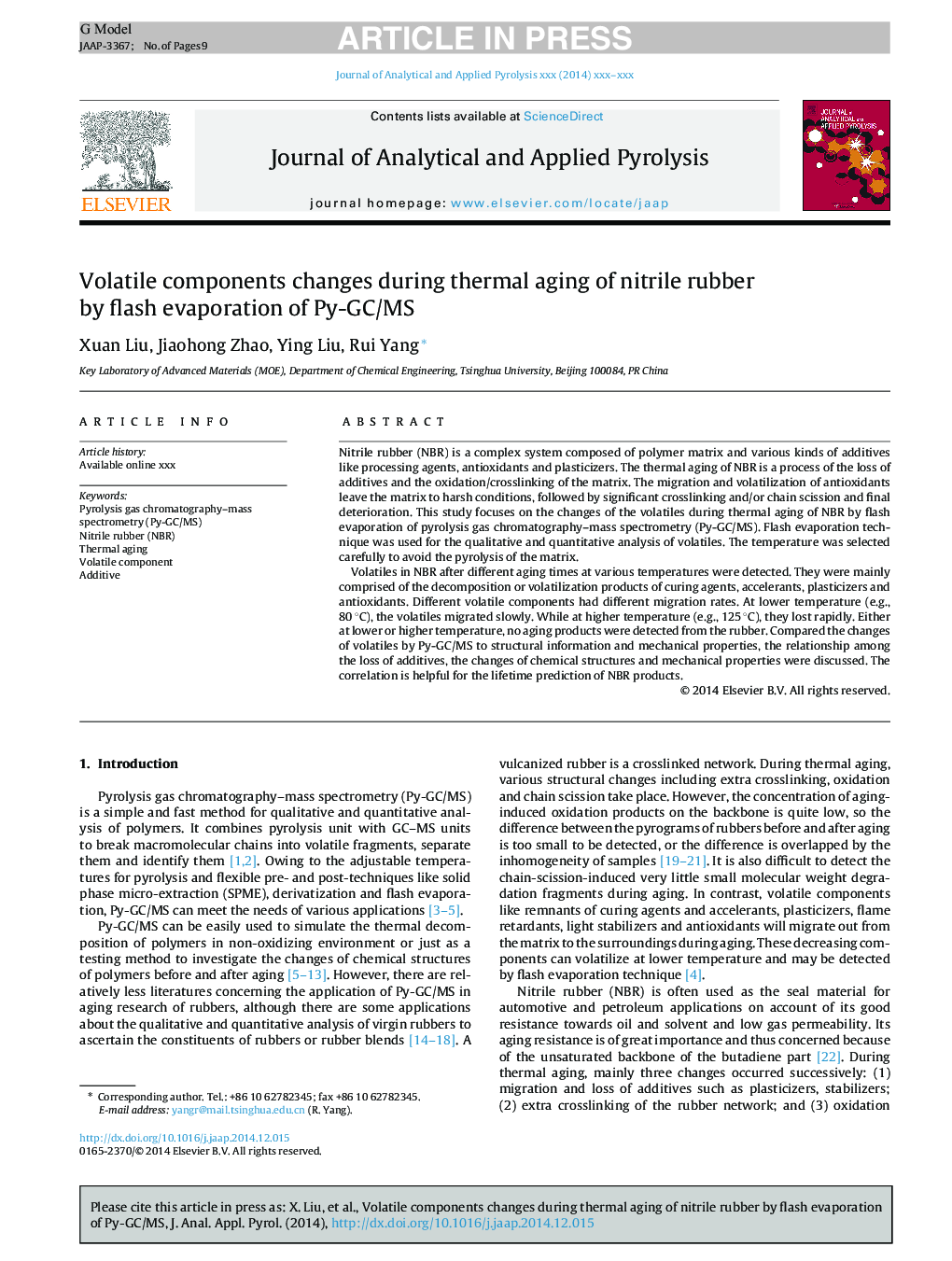 Volatile components changes during thermal aging of nitrile rubber by flash evaporation of Py-GC/MS