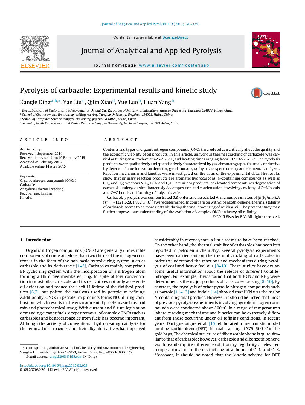 Pyrolysis of carbazole: Experimental results and kinetic study