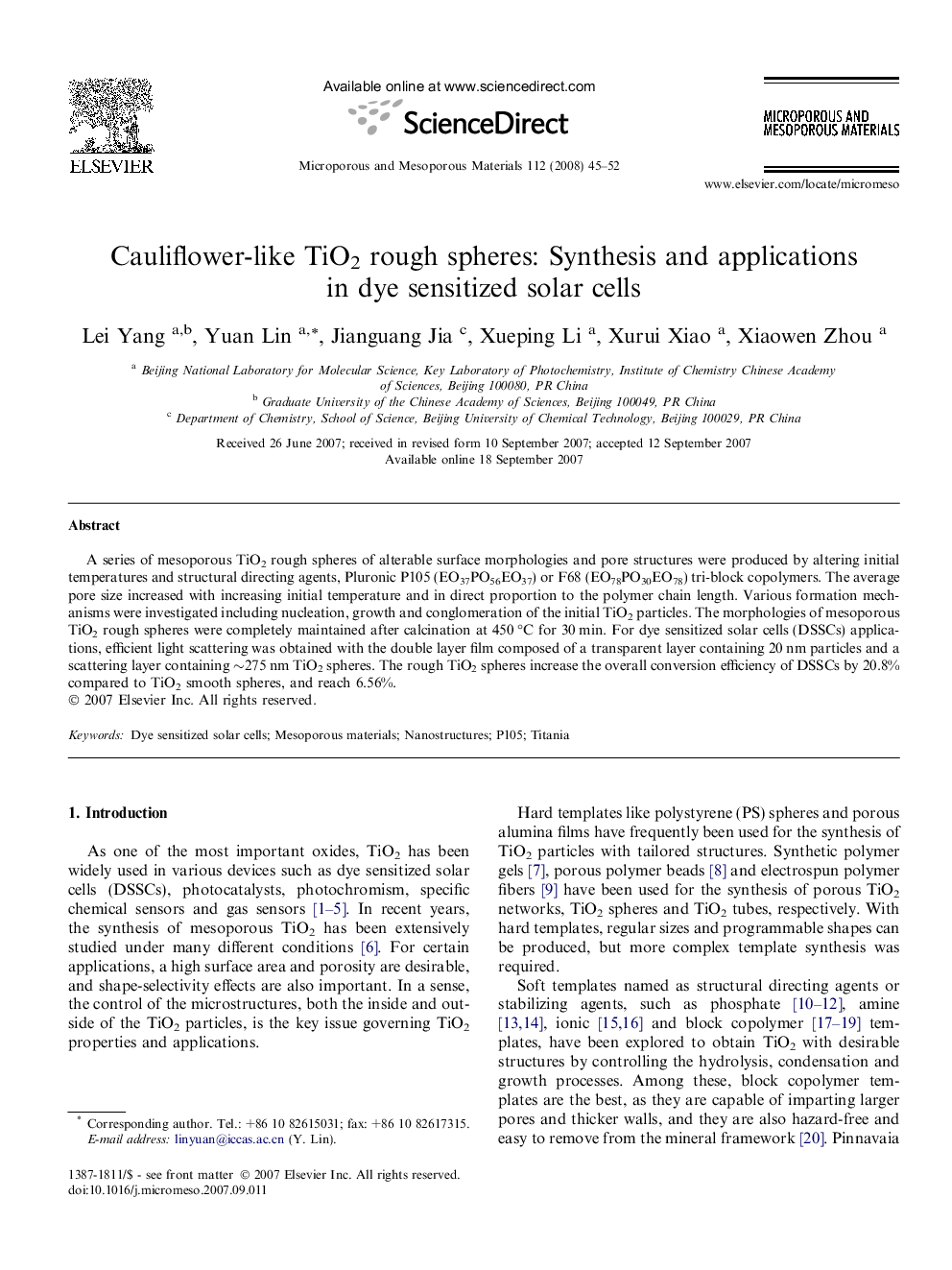 Cauliflower-like TiO2 rough spheres: Synthesis and applications in dye sensitized solar cells