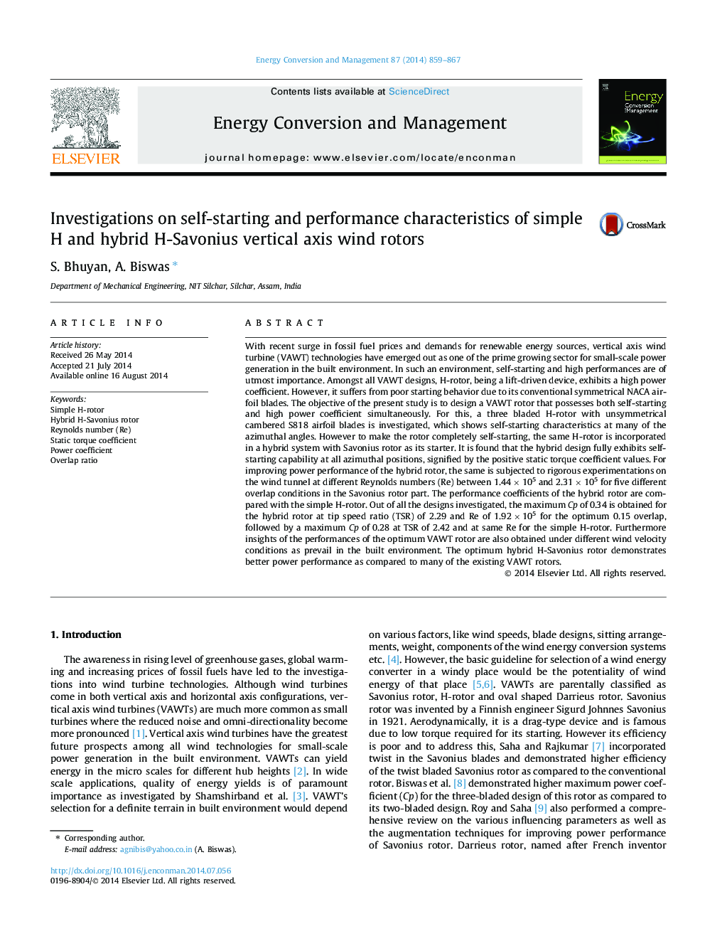 Investigations on self-starting and performance characteristics of simple H and hybrid H-Savonius vertical axis wind rotors