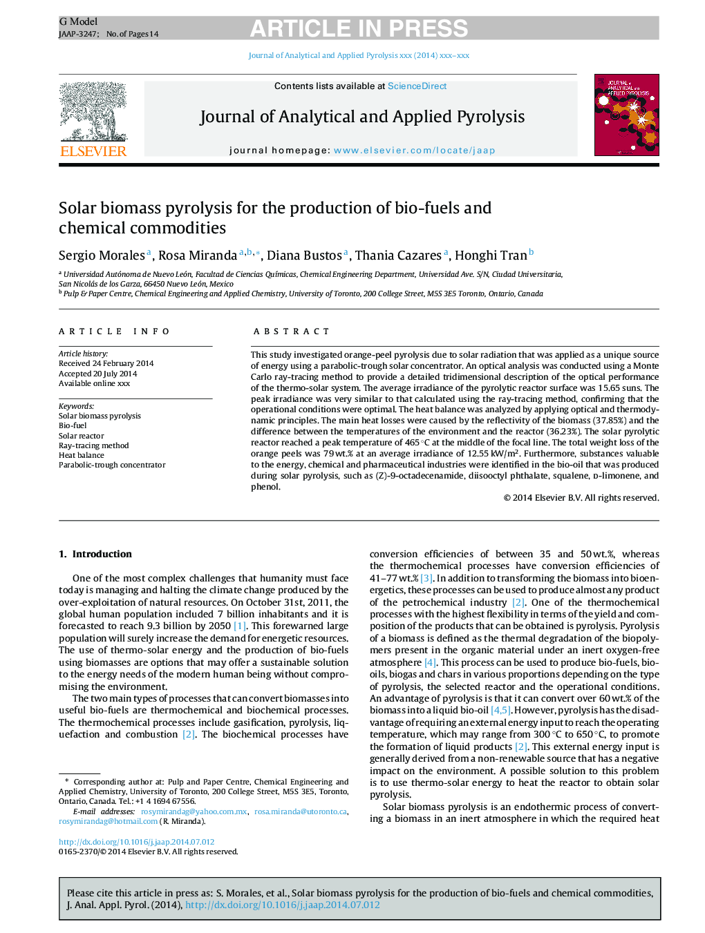 Solar biomass pyrolysis for the production of bio-fuels and chemical commodities