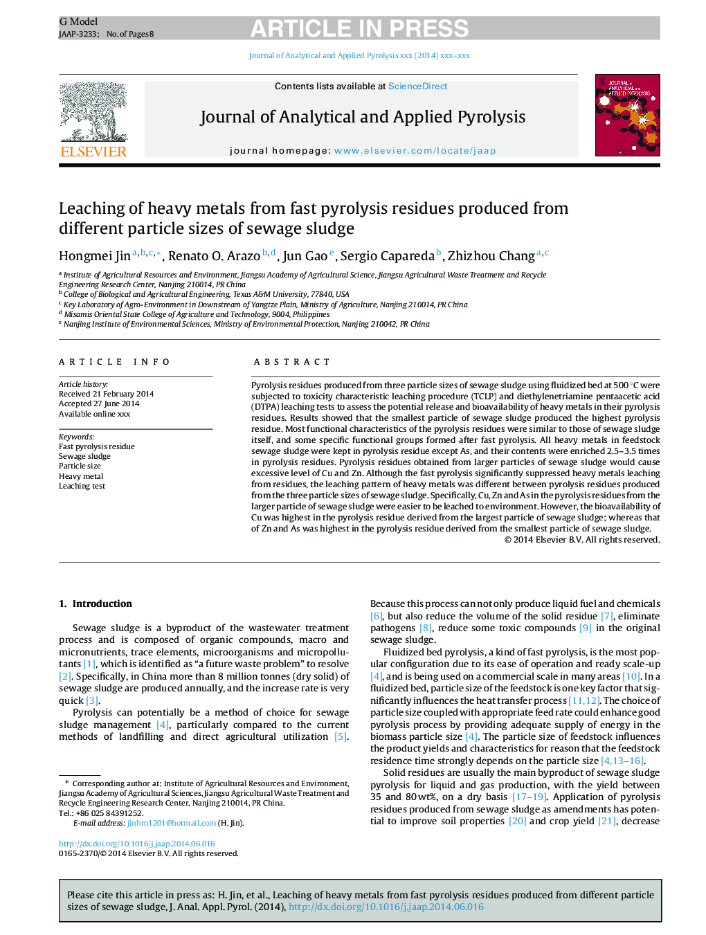 Leaching of heavy metals from fast pyrolysis residues produced from different particle sizes of sewage sludge