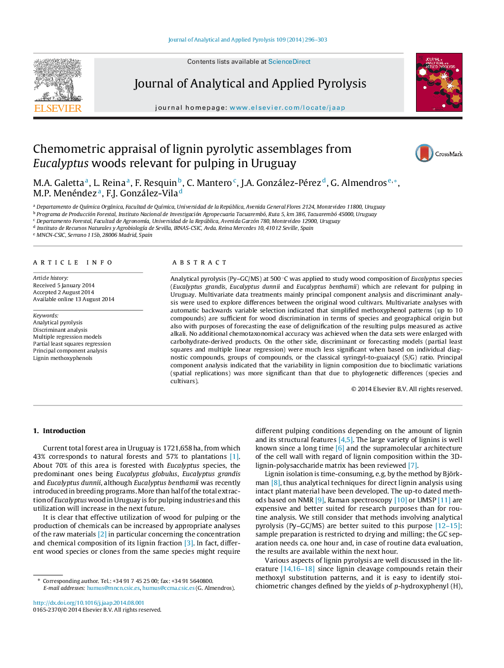 Chemometric appraisal of lignin pyrolytic assemblages from Eucalyptus woods relevant for pulping in Uruguay