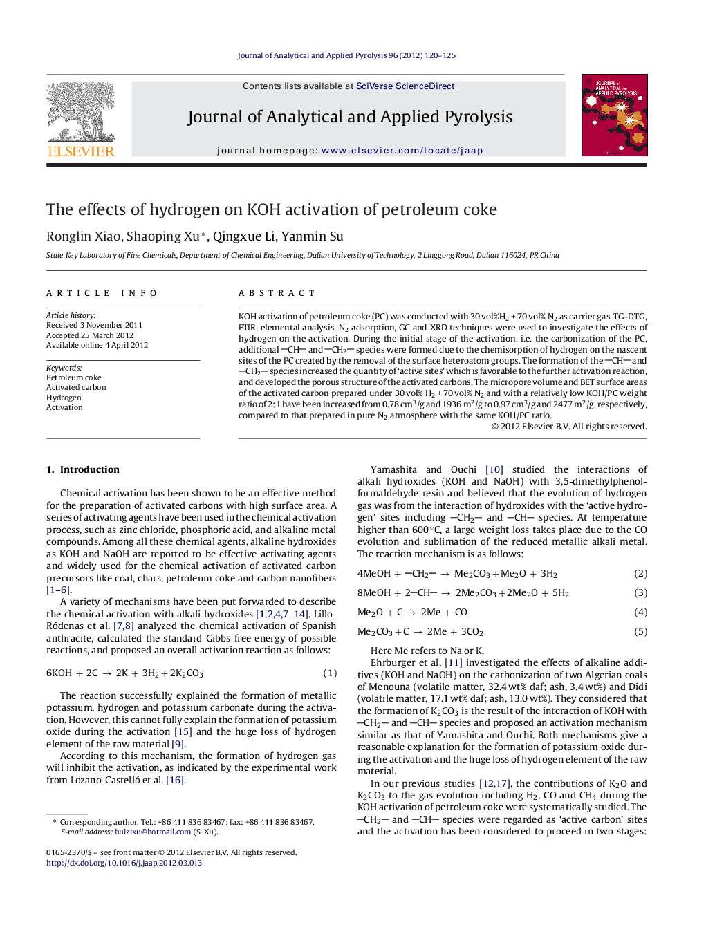 The effects of hydrogen on KOH activation of petroleum coke