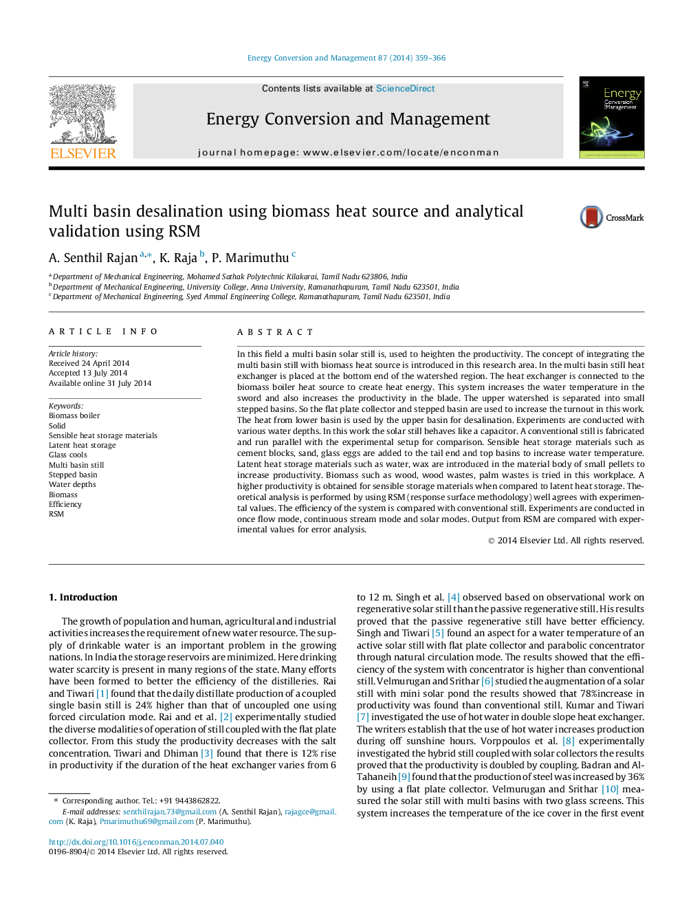 Multi basin desalination using biomass heat source and analytical validation using RSM