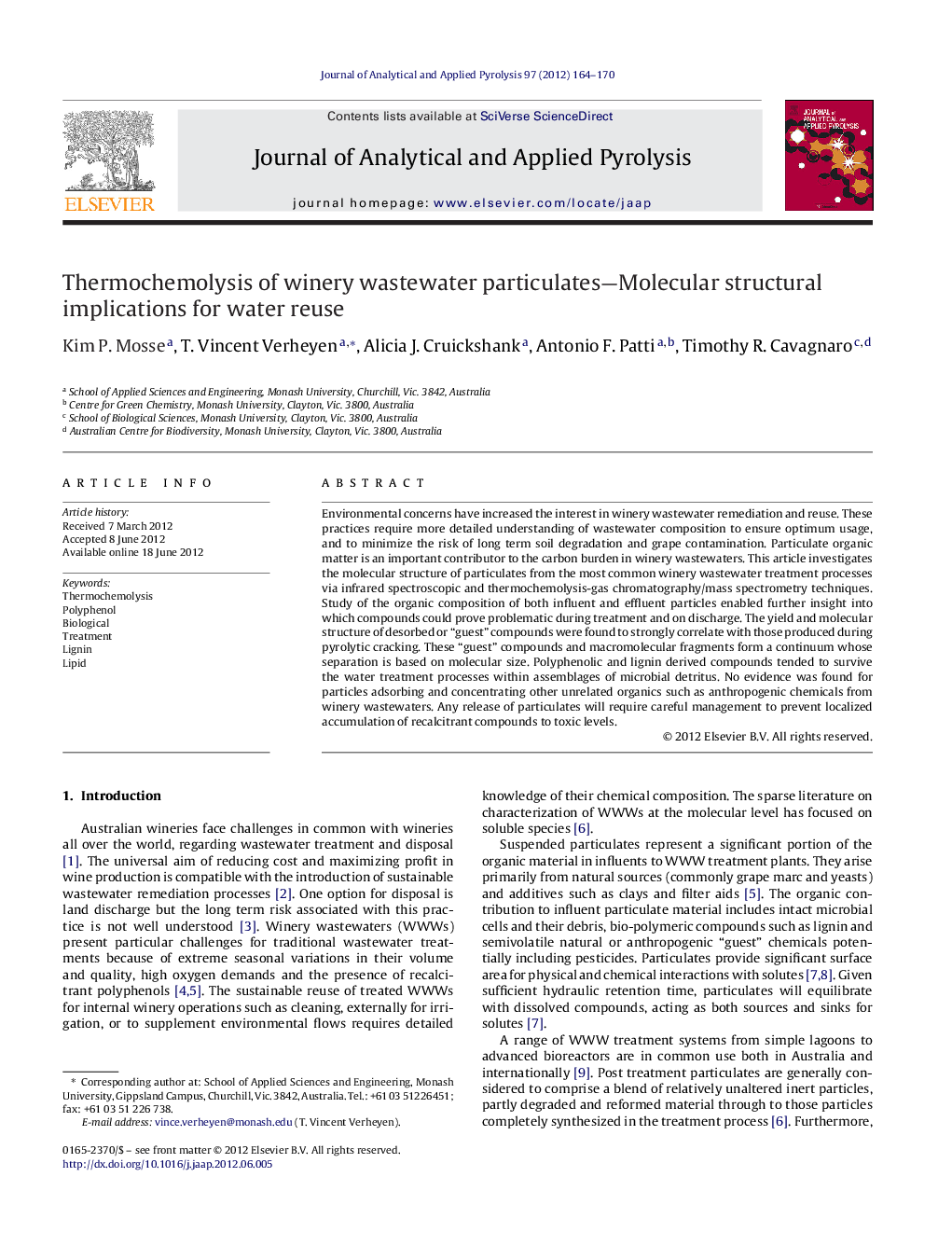 Thermochemolysis of winery wastewater particulates-Molecular structural implications for water reuse