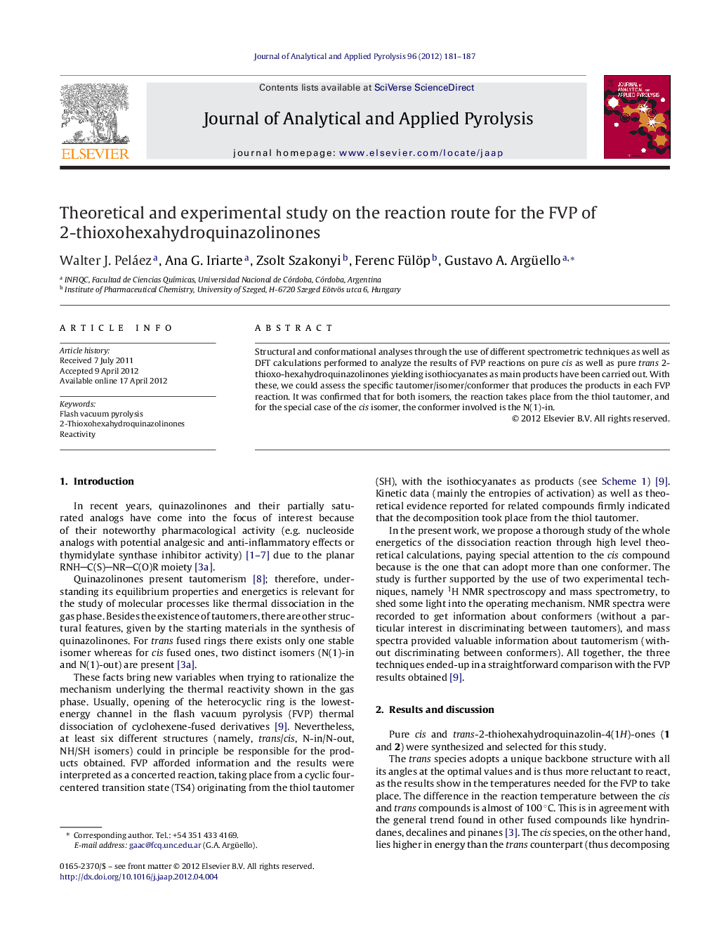 Theoretical and experimental study on the reaction route for the FVP of 2-thioxohexahydroquinazolinones