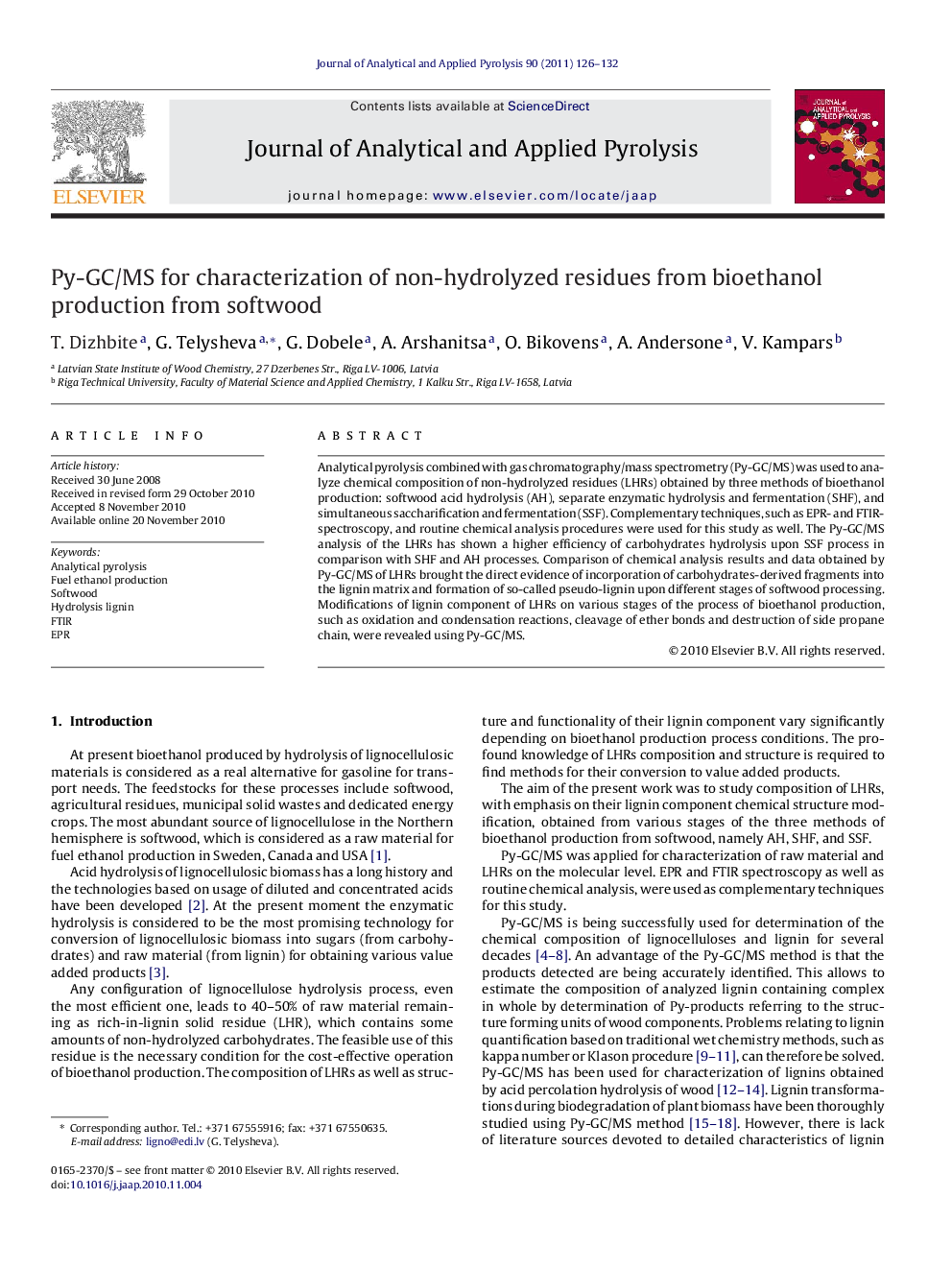 Py-GC/MS for characterization of non-hydrolyzed residues from bioethanol production from softwood