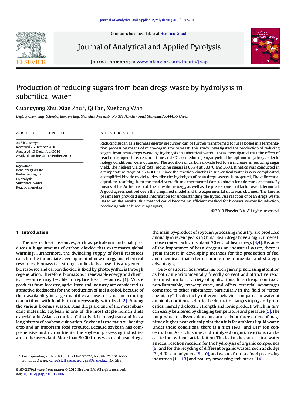 Production of reducing sugars from bean dregs waste by hydrolysis in subcritical water