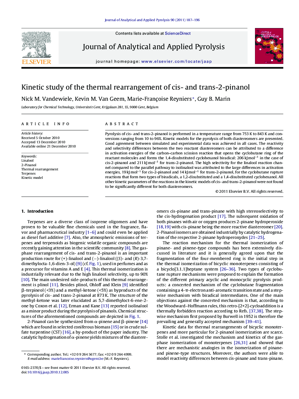 Kinetic study of the thermal rearrangement of cis- and trans-2-pinanol