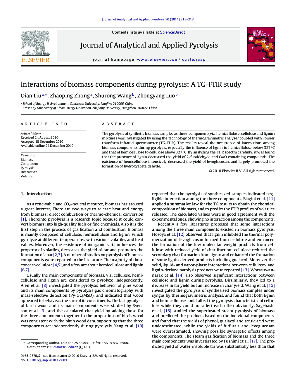 Interactions of biomass components during pyrolysis: A TG-FTIR study