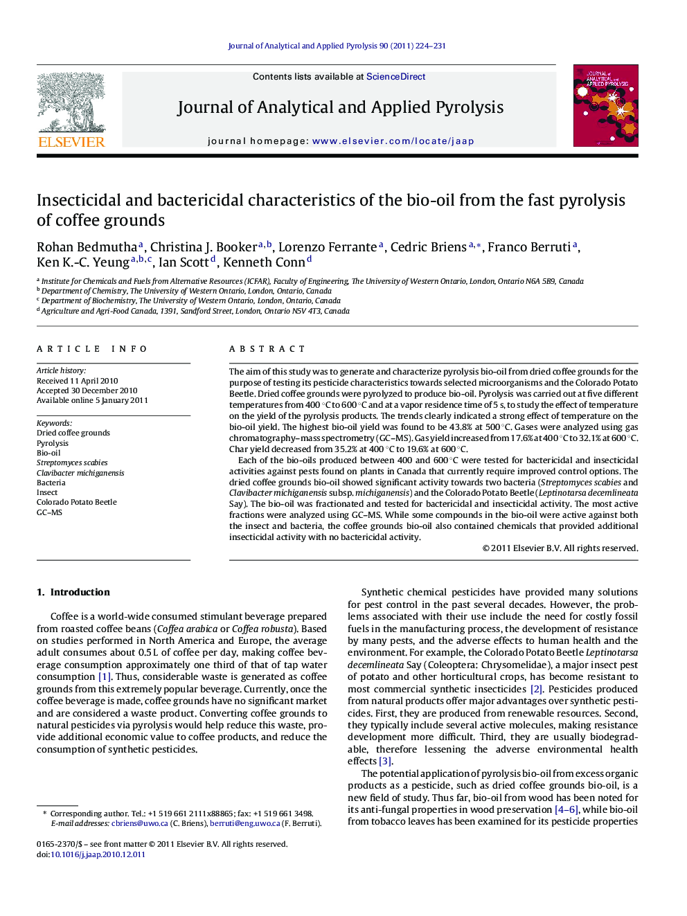 Insecticidal and bactericidal characteristics of the bio-oil from the fast pyrolysis of coffee grounds