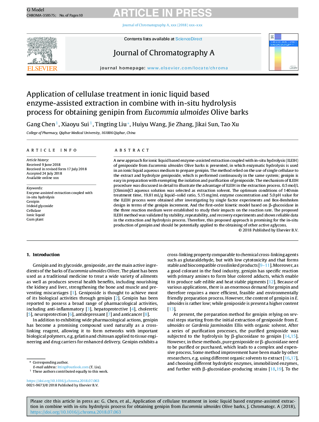 Application of cellulase treatment in ionic liquid based enzyme-assisted extraction in combine with in-situ hydrolysis process for obtaining genipin from Eucommia ulmoides Olive barks