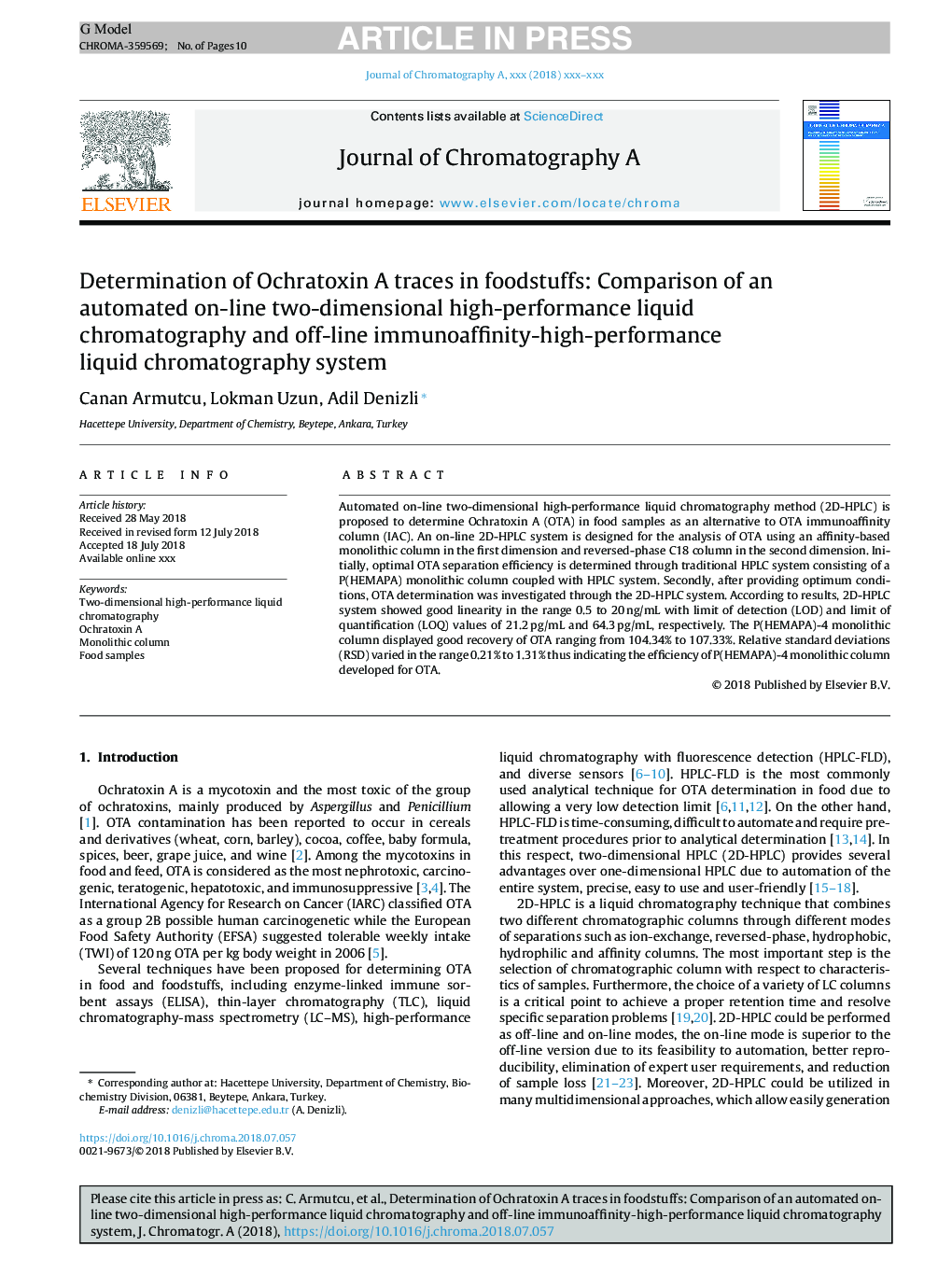 Determination of Ochratoxin A traces in foodstuffs: Comparison of an automated on-line two-dimensional high-performance liquid chromatography and off-line immunoaffinity-high-performance liquid chromatography system