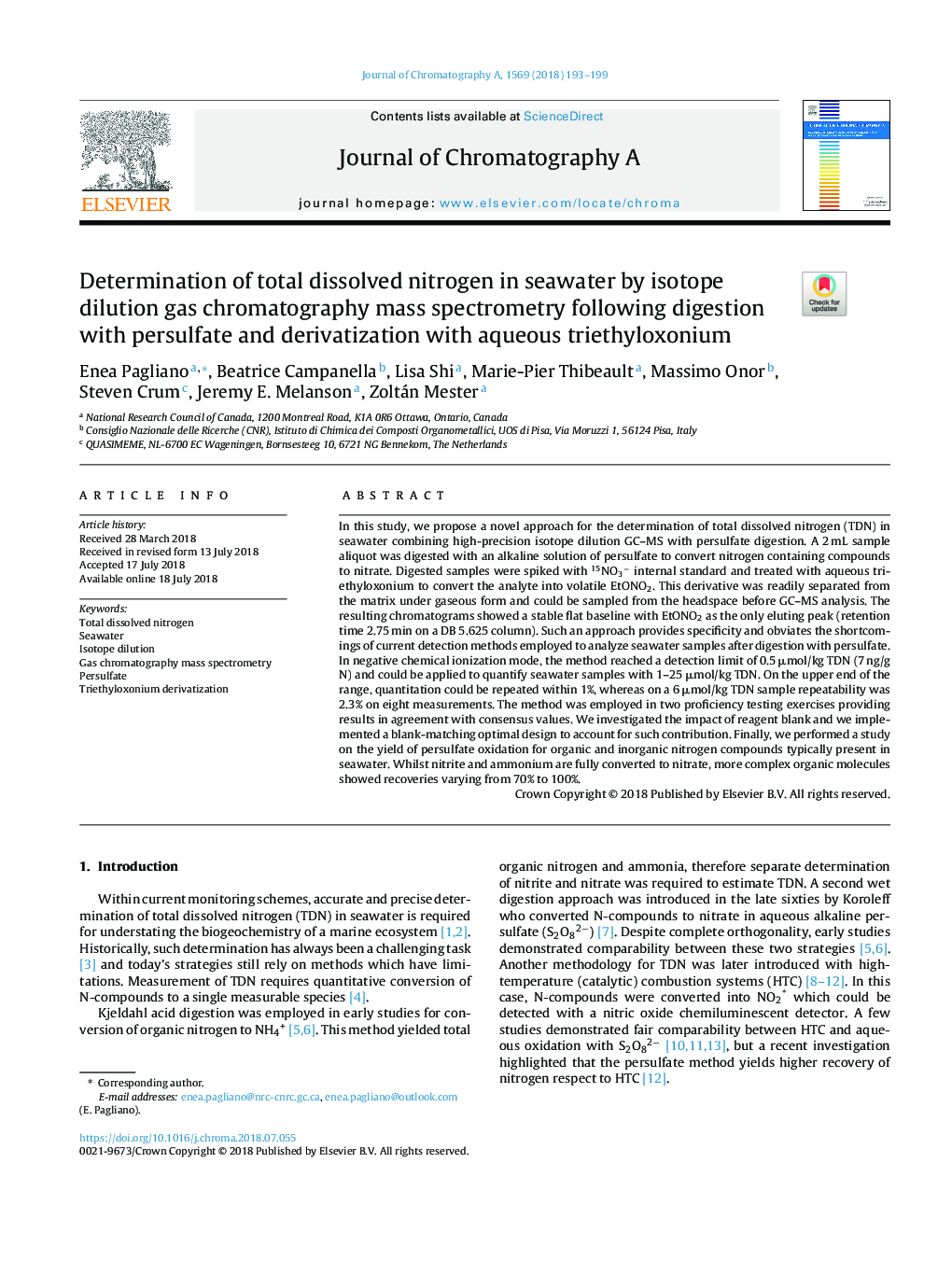 Determination of total dissolved nitrogen in seawater by isotope dilution gas chromatography mass spectrometry following digestion with persulfate and derivatization with aqueous triethyloxonium