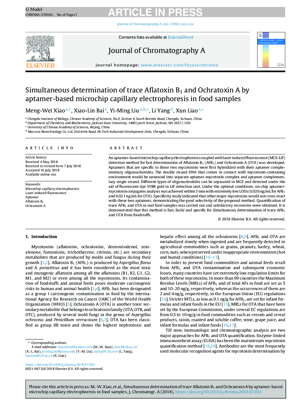 Simultaneous determination of trace Aflatoxin B1 and Ochratoxin A by aptamer-based microchip capillary electrophoresis in food samples