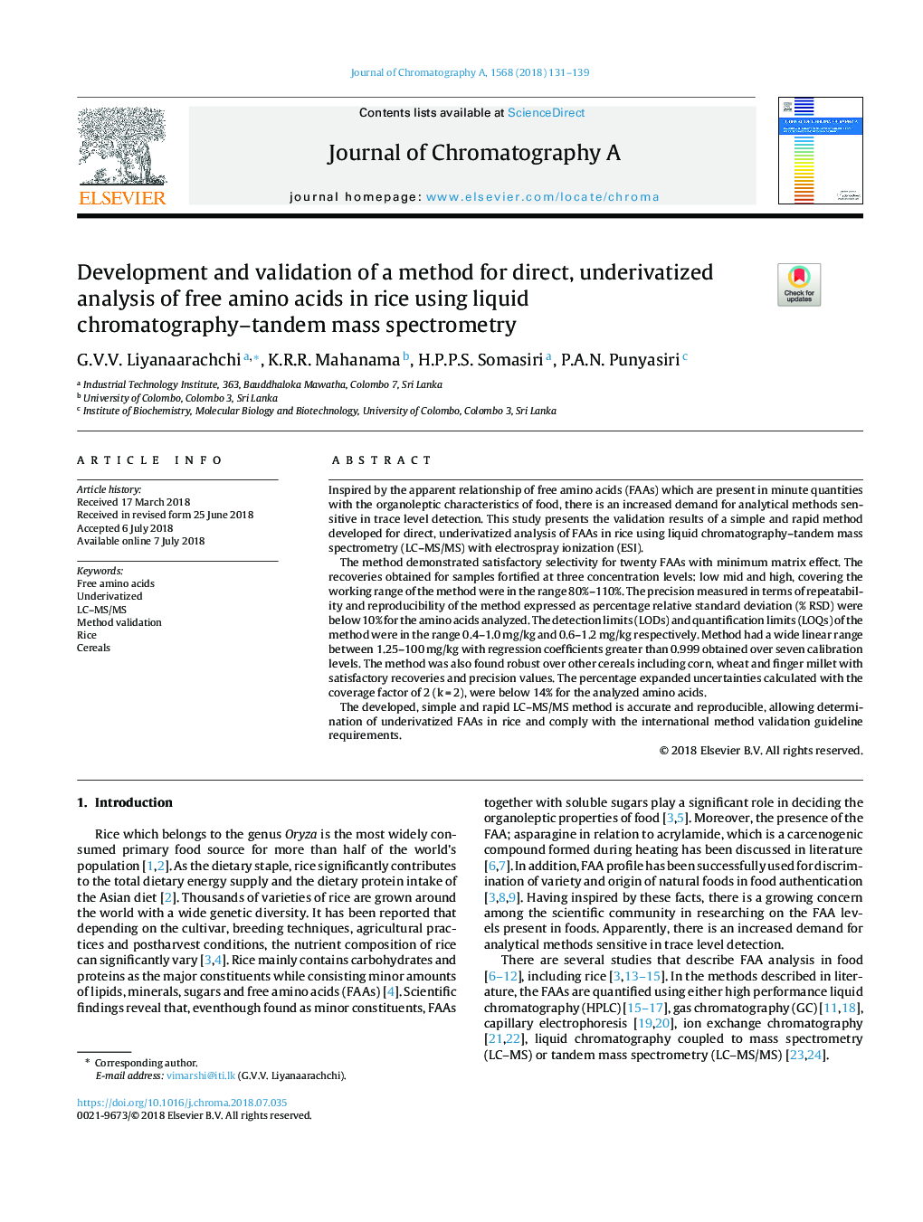 Development and validation of a method for direct, underivatized analysis of free amino acids in rice using liquid chromatography-tandem mass spectrometry