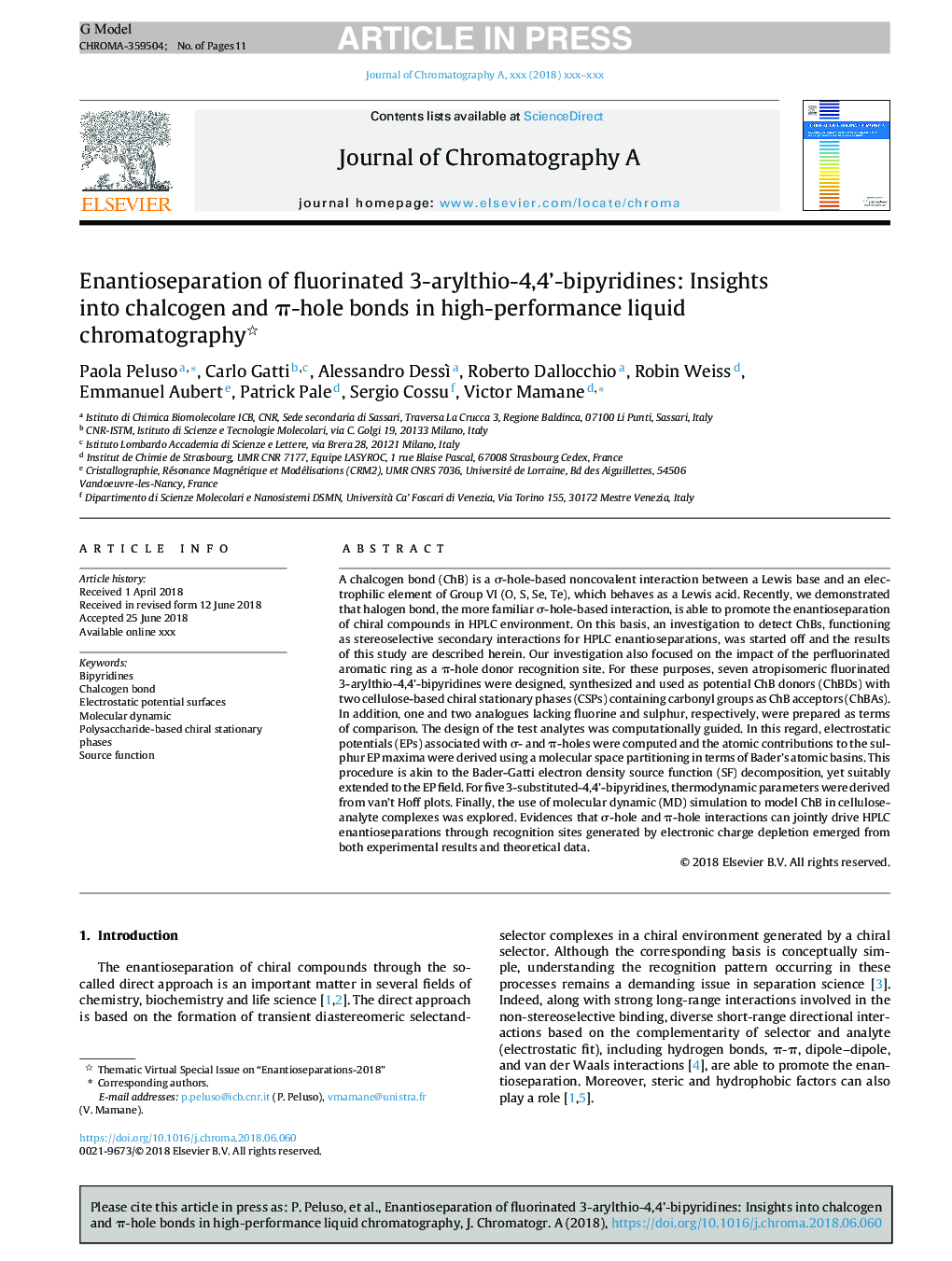 Enantioseparation of fluorinated 3-arylthio-4,4'-bipyridines: Insights into chalcogen and Ï-hole bonds in high-performance liquid chromatography