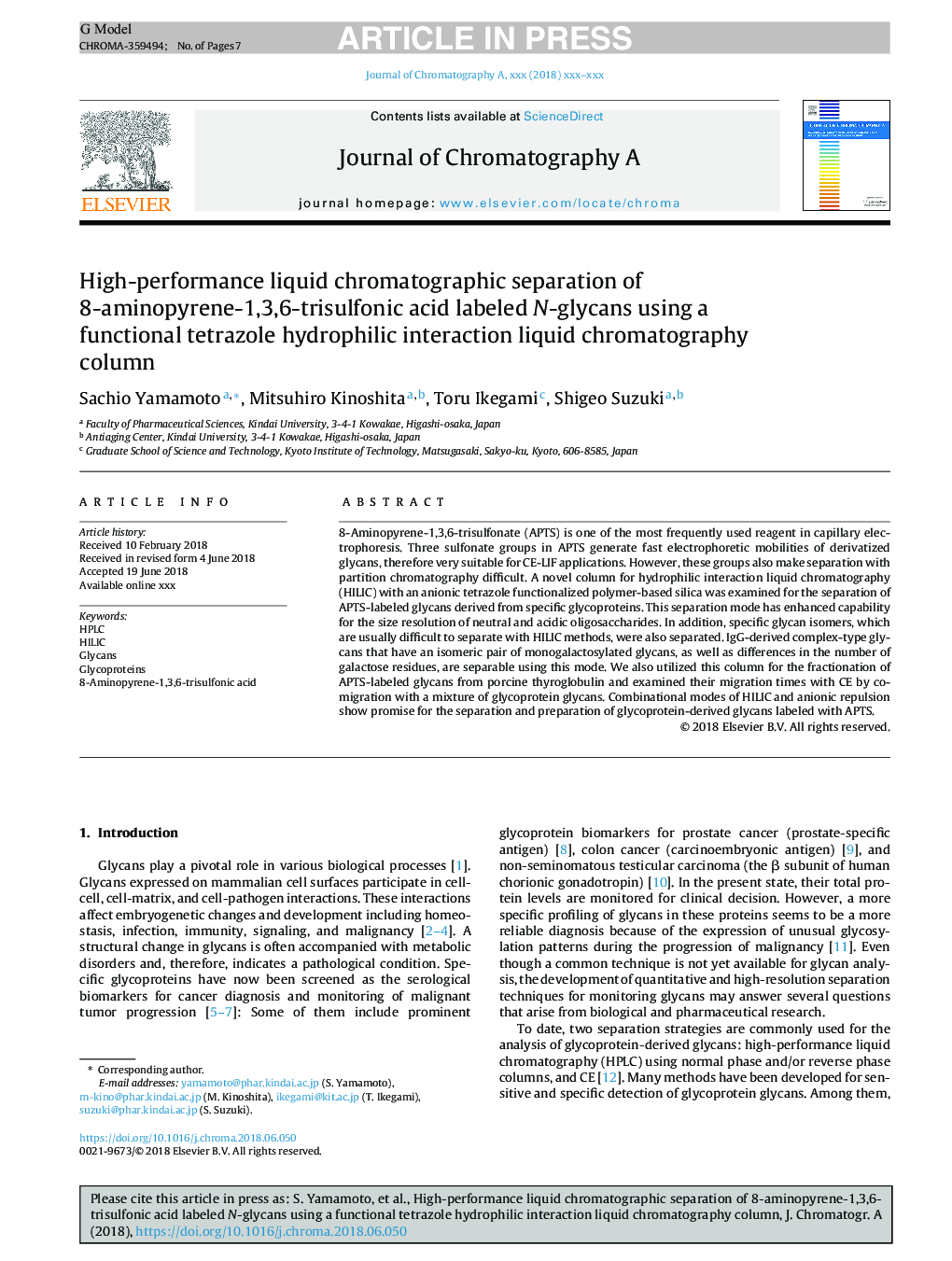 High-performance liquid chromatographic separation of 8-aminopyrene-1,3,6-trisulfonic acid labeled N-glycans using a functional tetrazole hydrophilic interaction liquid chromatography column