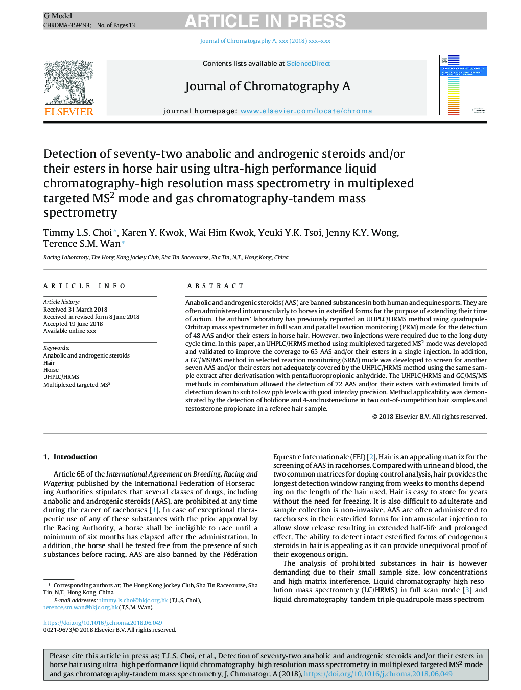 Detection of seventy-two anabolic and androgenic steroids and/or their esters in horse hair using ultra-high performance liquid chromatography-high resolution mass spectrometry in multiplexed targeted MS2 mode and gas chromatography-tandem mass spectromet