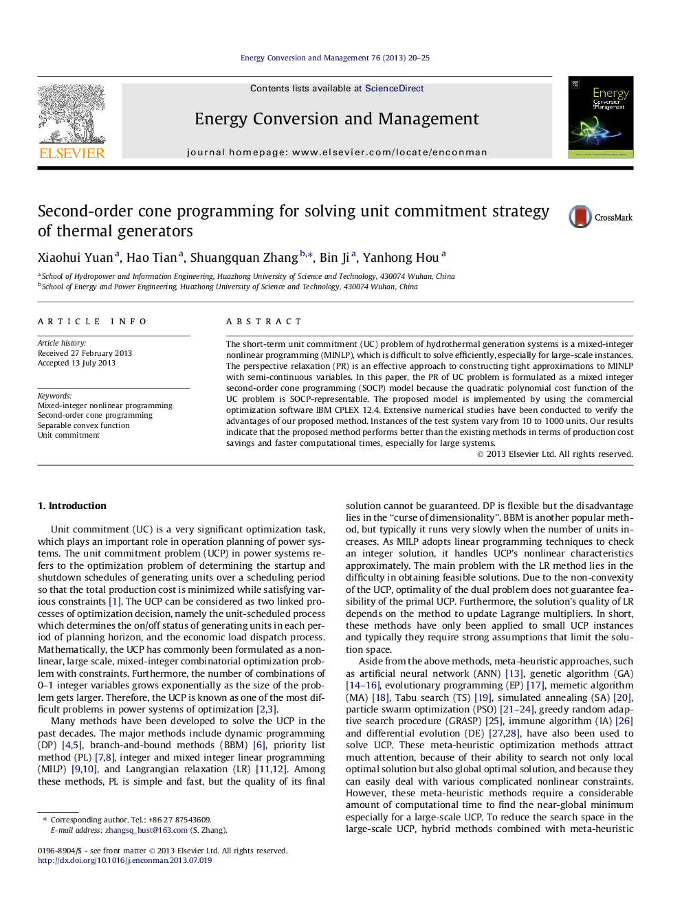 Second-order cone programming for solving unit commitment strategy of thermal generators