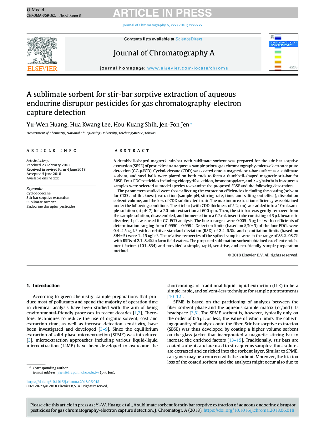 A sublimate sorbent for stir-bar sorptive extraction of aqueous endocrine disruptor pesticides for gas chromatography-electron capture detection