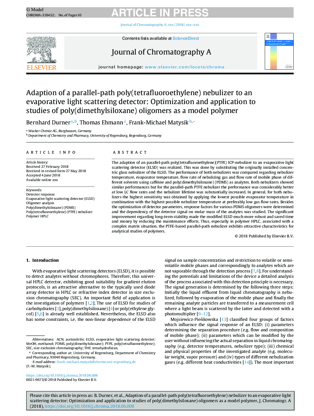 Adaption of a parallel-path poly(tetrafluoroethylene) nebulizer to an evaporative light scattering detector: Optimization and application to studies of poly(dimethylsiloxane) oligomers as a model polymer