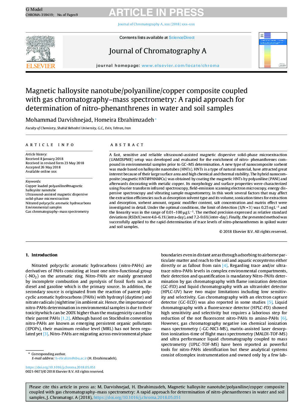 Magnetic halloysite nanotube/polyaniline/copper composite coupled with gas chromatography-mass spectrometry: A rapid approach for determination of nitro-phenanthrenes in water and soil samples