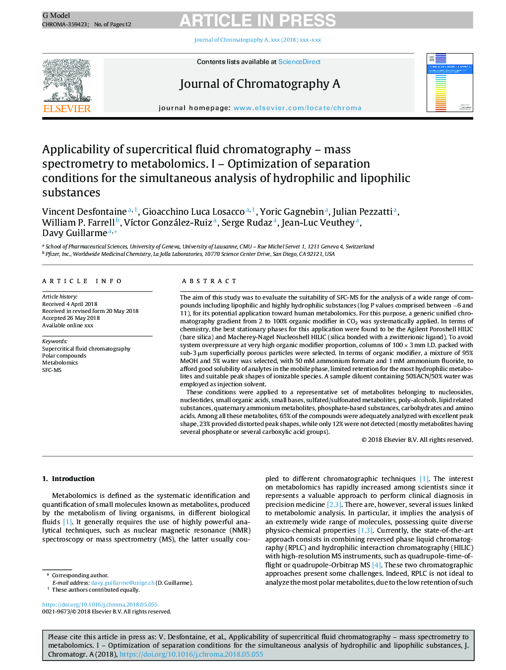 Applicability of supercritical fluid chromatography - mass spectrometry to metabolomics. I - Optimization of separation conditions for the simultaneous analysis of hydrophilic and lipophilic substances