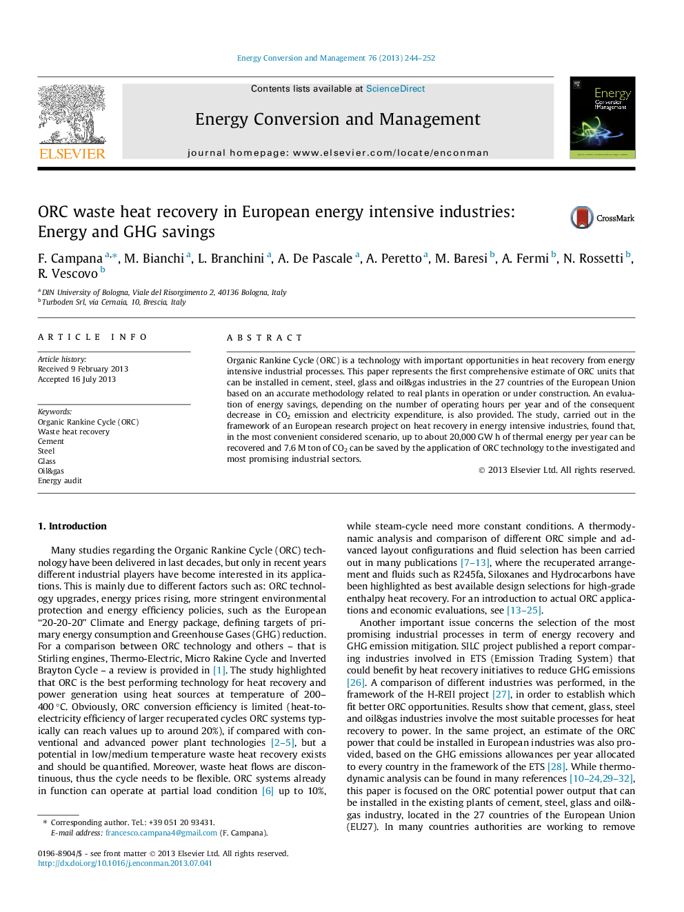 ORC waste heat recovery in European energy intensive industries: Energy and GHG savings