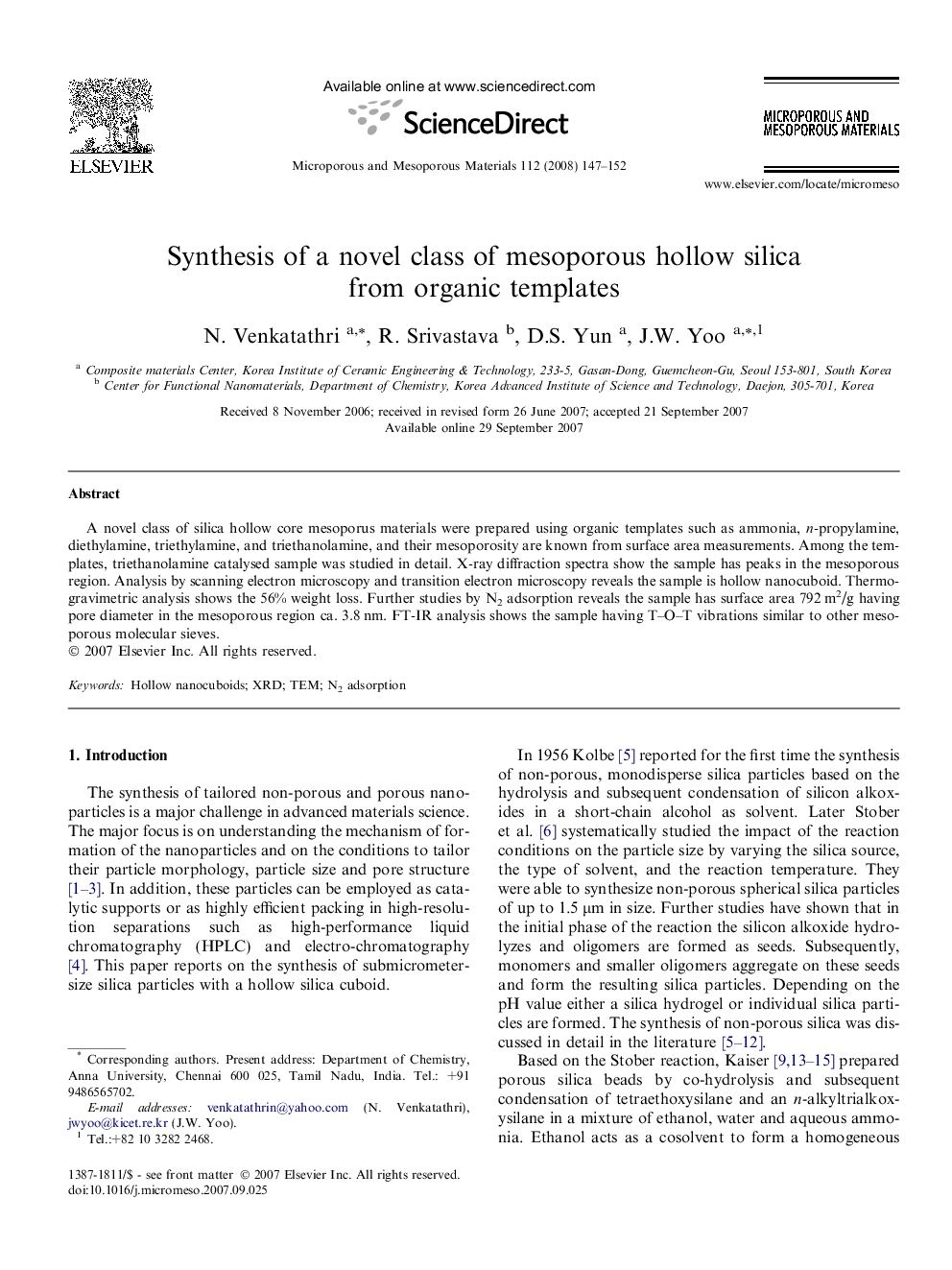 Synthesis of a novel class of mesoporous hollow silica from organic templates