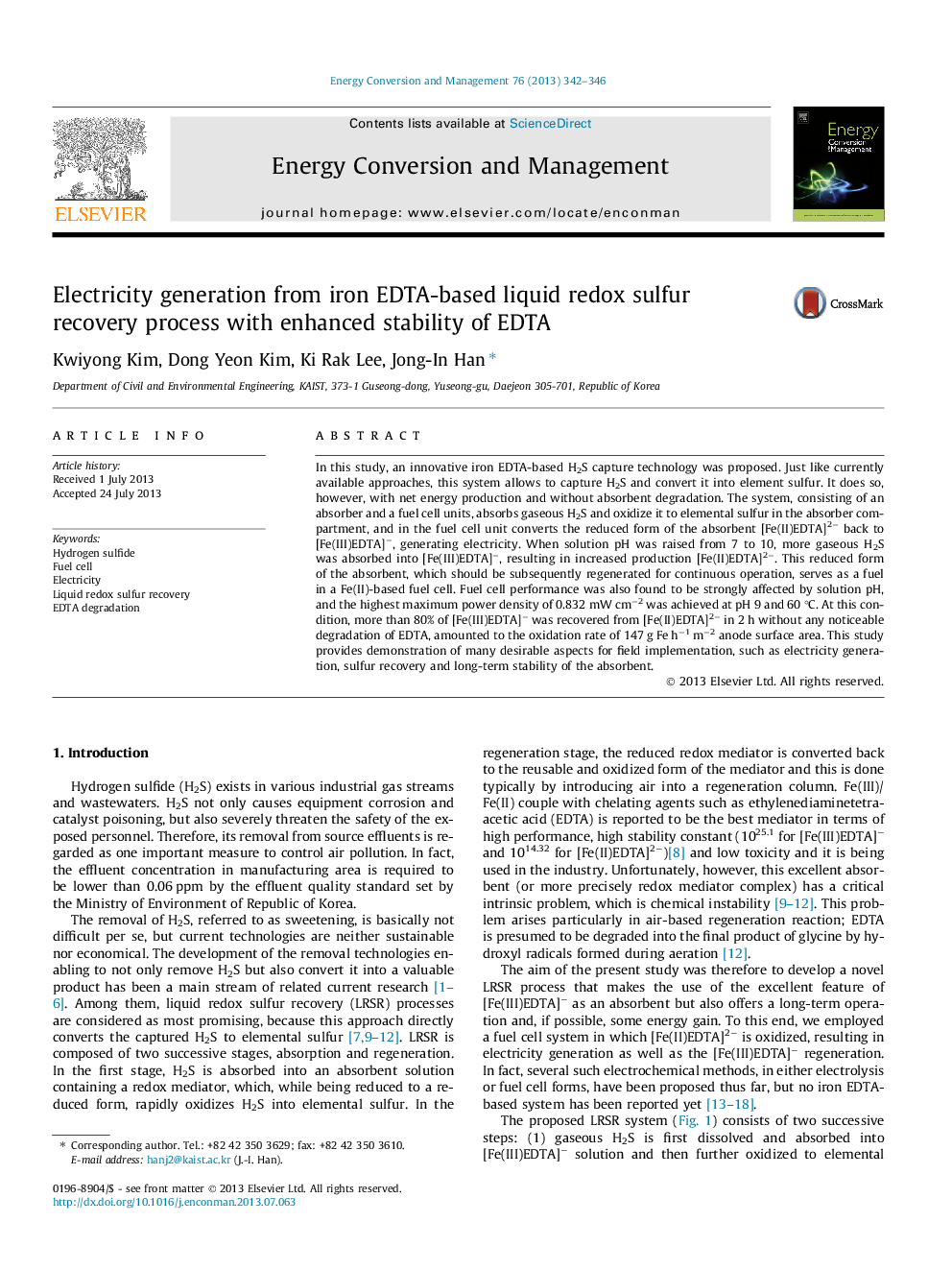 Electricity generation from iron EDTA-based liquid redox sulfur recovery process with enhanced stability of EDTA