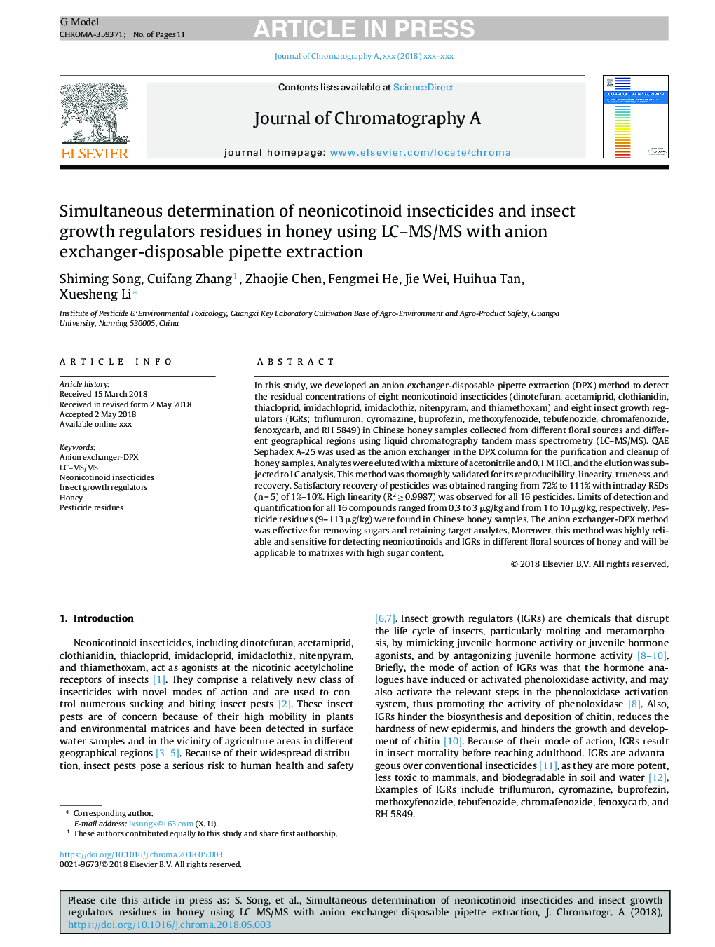 Simultaneous determination of neonicotinoid insecticides and insect growth regulators residues in honey using LC-MS/MS with anion exchanger-disposable pipette extraction