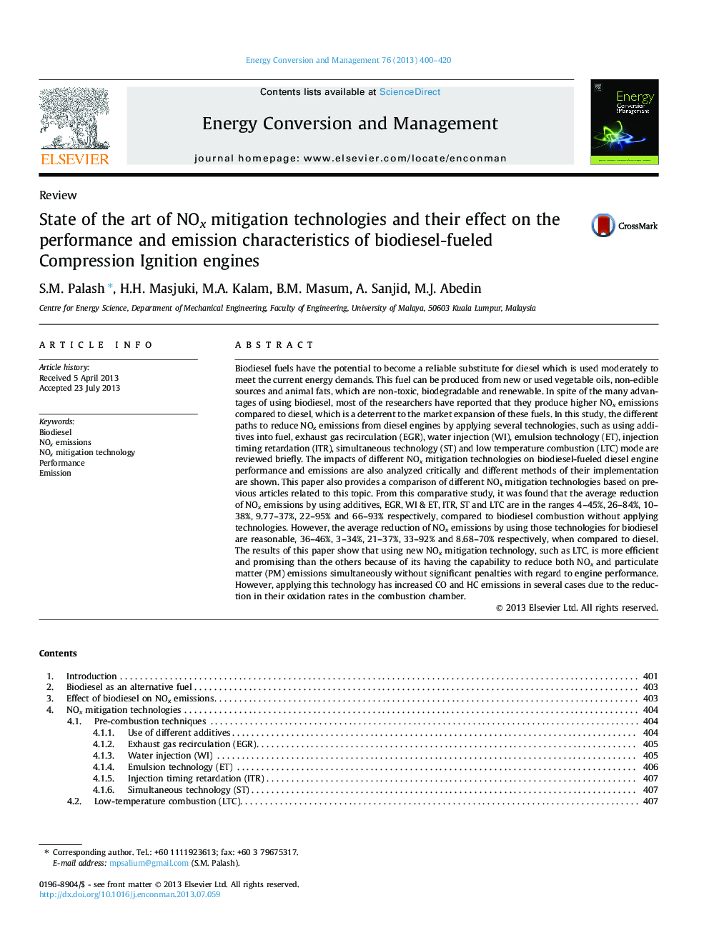 State of the art of NOx mitigation technologies and their effect on the performance and emission characteristics of biodiesel-fueled Compression Ignition engines