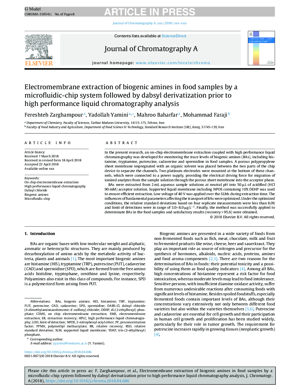 Electromembrane extraction of biogenic amines in food samples by a microfluidic-chip system followed by dabsyl derivatization prior to high performance liquid chromatography analysis