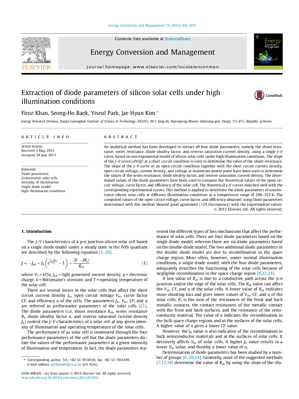 Extraction of diode parameters of silicon solar cells under high illumination conditions