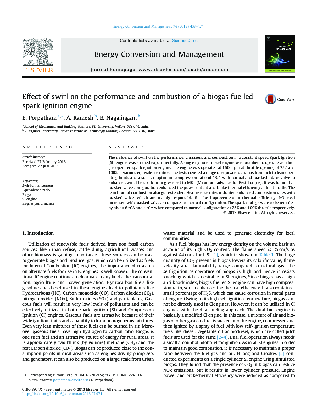 Effect of swirl on the performance and combustion of a biogas fuelled spark ignition engine