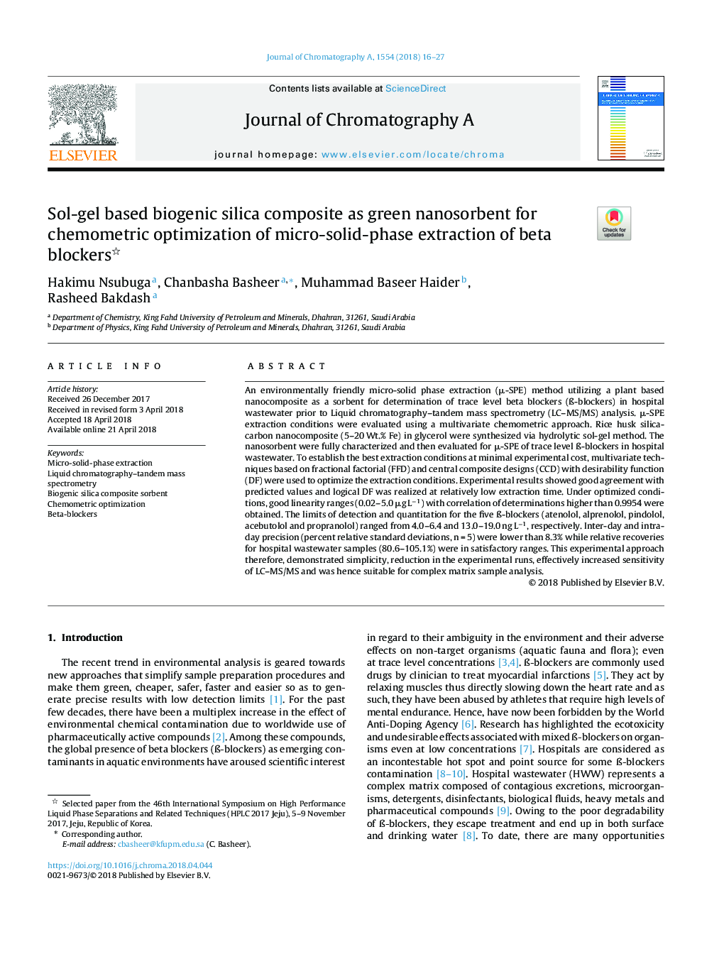 Sol-gel based biogenic silica composite as green nanosorbent for chemometric optimization of micro-solid-phase extraction of beta blockers