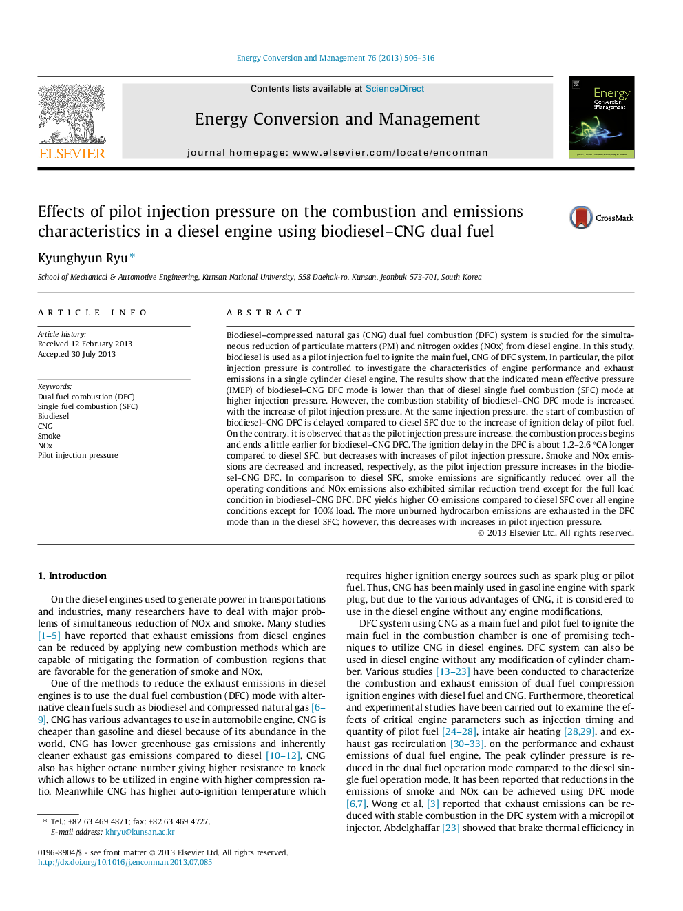 Effects of pilot injection pressure on the combustion and emissions characteristics in a diesel engine using biodiesel–CNG dual fuel