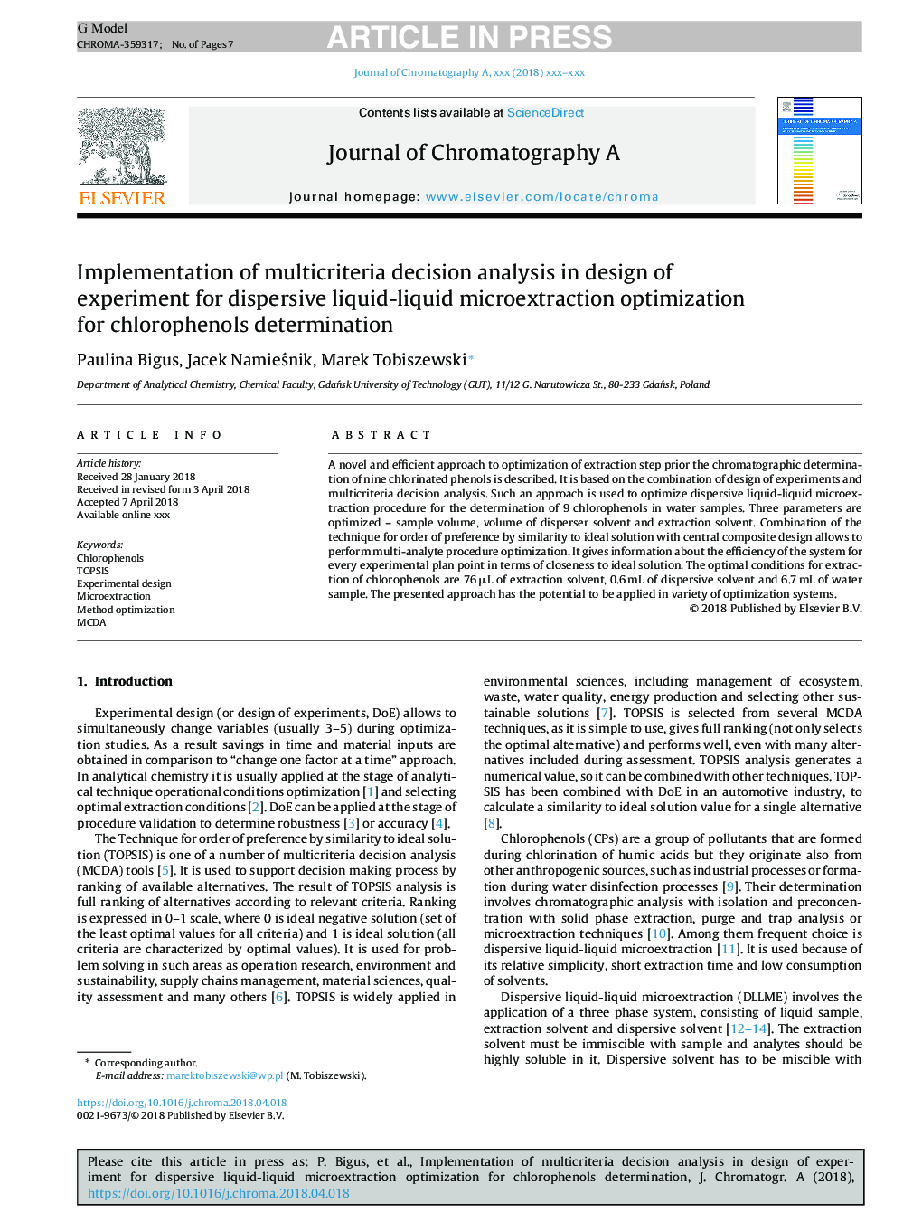 Implementation of multicriteria decision analysis in design of experiment for dispersive liquid-liquid microextraction optimization for chlorophenols determination
