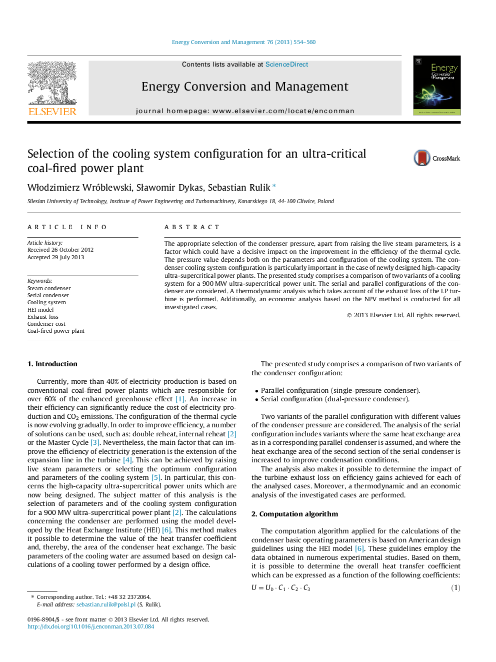 Selection of the cooling system configuration for an ultra-critical coal-fired power plant