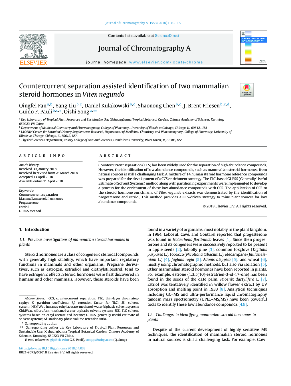 Countercurrent separation assisted identification of two mammalian steroid hormones in Vitex negundo